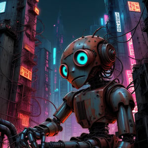 Comic book art style, A gritty, urban landscape unfolds as our robot protagonist stands atop a rundown skyscraper, {{rust}}-hued pipes and wiring exposed beneath their metallic limbs. The city's neon lights reflect off their cybernetic eye, casting an otherworldly glow amidst the concrete jungle. Cyberpunk, anime, pall background 