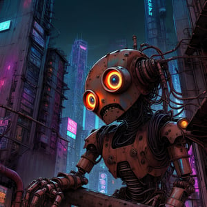 Comic book art style, A gritty, urban landscape unfolds as our robot protagonist stands atop a rundown skyscraper, {{rust}}-hued pipes and wiring exposed beneath their metallic limbs. The city's neon lights reflect off their cybernetic eye, casting an otherworldly glow amidst the concrete jungle. Cyberpunk, anime, pall background 