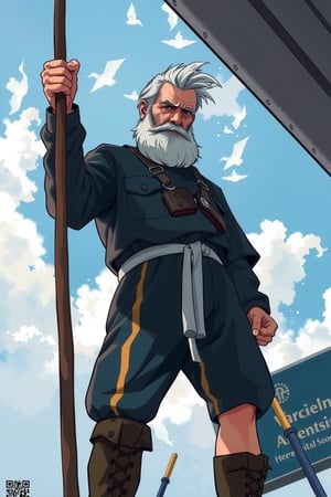 Extreme low angle view, full body, Realistic anime {{aged beard greek fisherman in black and blue}}, sharp outline, intricate, clean shapes, clean, cell shading, visible brush strokes