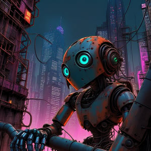 Comic book art style, A gritty, urban landscape unfolds as our robot protagonist stands atop a rundown skyscraper, {{rust}}-hued pipes and wiring exposed beneath their metallic limbs. The city's neon lights reflect off their cybernetic eye, casting an otherworldly glow amidst the concrete jungle. Cyberpunk, anime, pall background 