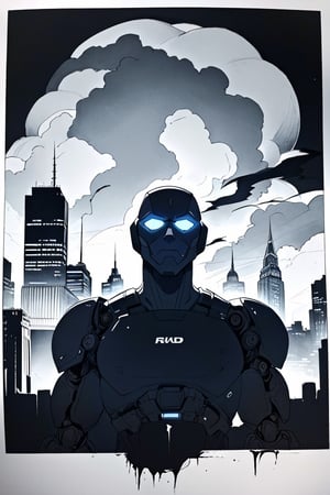 Ink drawing, man andoid robot with human head, cityscape as background, stormy weather, around Silhouette, intricate, 8k, blue, red, high contrast