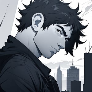 Ink drawing, close-up android boy, cityscape as background, stormy weather, around Silhouette, intricate, 8k, blue, red, high contrast