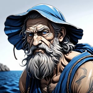 Realistic anime {{aged beard greek fisherman in black and blue}}, sharp outline, intricate, clean shapes, clean, cell shading, visible brush strokes