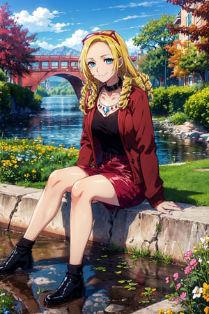 masterpiece,best quality,1girl,mature female,solution epsilon,blue eyes,black sweater,cross necklace,high collar dress,red jacket,pencil skirt,red skirt,sitting,smile,outdoors,riverbank,wind,water drop,