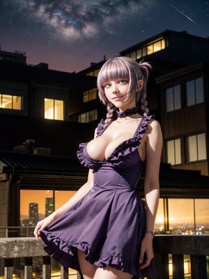 ((masterpiece)), ((nanakusa nazuna)), ((red frilled dress)), (light purple hair), blue eyes, twin braids, huge breasts, big hips, (looking at viewer), silhouette,1 busty cute face light smile girl, star (sky), cloud, cityscape, building, city, outdoors, skyscraper, city lights, night, night sky, sunset, skyline,