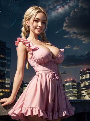 ((masterpiece)), ((pink frilled dress)), (blonde hair), green eyes, twin braids, huge breasts, big hips, (looking at viewer), silhouette,1 busty cute face light smile girl, pale skin, beauty_mark, mole, star (sky), cloud, cityscape, building, city, outdoors, skyscraper, city lights, night, night sky, sunset, skyline,