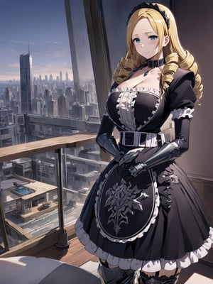 //Quality,
masterpiece, best quality, detailed
,//Character,
1girl, solo, solution epsilon \(overlord\), 1girl, blue eyes, drill hair, blonde hair, large breasts
,//Fashion,
maid, black dress, cleavage, elbow gloves, collar, frilled skirt, thighhighs, garter straps, armored boots
,//Background,
modern penthouse, pool, balcony, skyline
,//Others,
dark smile