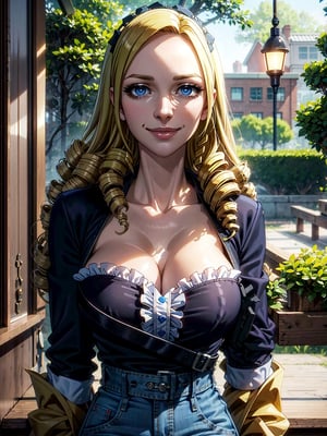 (solution epsilon), (masterpiece:1.3), (frilled shirt),(high waist denim shorts), 1girl, solo, eye focus, (1girl), (solo), cowboy_shot, beautiful detailed eyes, symmetric eyes, (blue eyes), expressive eyes, pretty eyelashes, glossy eyes, (blonde hair), (drill hair), 1girl, evil smile , looking_at_viewer, (large breasts), cleavage, gloves, (park), scenery, trees,1 girl,realhands,more detail