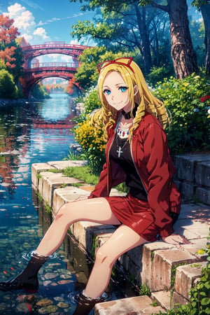 masterpiece,best quality,1girl,mature female,solution epsilon,blue eyes,black sweater,cross necklace,high collar dress,red jacket,pencil skirt,red skirt,sitting,smile,outdoors,riverbank,wind,water drop,