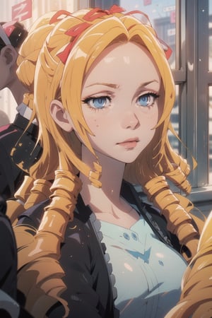An anime scene of a quirky Gen-Z girl absorbed in music on a bustling public bus, her gaze fixed on the passing scenery through the window, capturing her reflection in the glass. Illustration, vibrant colors, emphasizing her eclectic fashion sense and the lively city outside,solution epsilon, blonde hair, drill hair, blue eyes