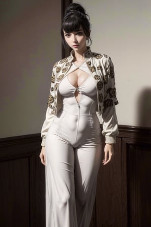 beautiful 1women,wearing a white leopard suit and a jacket on top,sexy,seducing,masterpiece, best quality, narberal gamma, huge hips