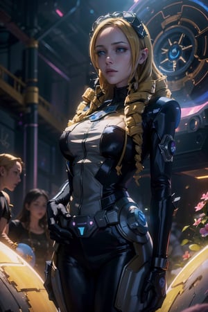 "A detailed painting of a alien Girl With drill hair dressed as a space ranger, exploring an extraterrestrial landscape adorned with vibrant, otherworldly flowers, Space ship Wreks. Science fiction wonderland, imaginative, space adventure.",More Detail,(solution epsilon),breasts