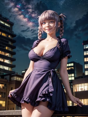 ((masterpiece)), ((nanakusa nazuna)), ((red frilled dress)), (light purple hair), blue eyes, twin braids, huge breasts, big hips, (looking at viewer), silhouette,1 busty cute face light smile girl, star (sky), cloud, cityscape, building, city, outdoors, skyscraper, city lights, night, night sky, sunset, skyline,