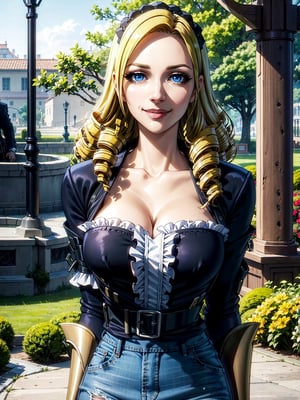 (solution epsilon), (masterpiece:1.3), (frilled shirt),(high waist denim skirt), 1girl, solo, eye focus, (1girl), (solo), cowboy_shot, beautiful detailed eyes, symmetric eyes, (blue eyes), expressive eyes, pretty eyelashes, glossy eyes, (blonde hair), (drill hair), short hair, 1girl, evil smile , looking_at_viewer, (large breasts), cleavage, gloves, (park), scenery, trees,1 girl,realhands,more detail