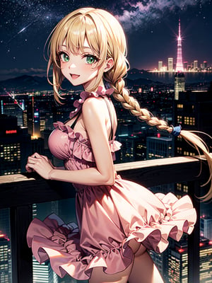 ((masterpiece)), ((pink frilled dress)), (blonde hair), green eyes, twin braids, medium breasts, big hips, (looking at viewer), silhouette,1 busty cute face light smile girl, pale skin, beauty_mark, mole, star (sky), cloud, cityscape, building, city, outdoors, skyscraper, city lights, night, night sky, sunset, skyline,
