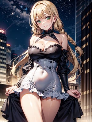 ((masterpiece)), ((frilled dress multiple colors)), (blonde hair), green eyes, twin braids, medium breasts, huge hips, (looking at viewer), silhouette,1 busty cute face light smile girl, pale skin, beauty_mark, mole, star (sky), cloud, cityscape, building, city, outdoors, skyscraper, city lights, night, night sky, sunset, skyline,