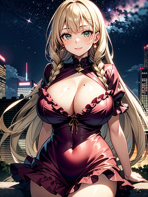 ((masterpiece)), ((pink frilled dress)), (blonde hair), green eyes, twin braids, huge breasts, big hips, (looking at viewer), silhouette,1 busty cute face light smile girl, pale skin, beauty_mark, mole, star (sky), cloud, cityscape, building, city, outdoors, skyscraper, city lights, night, night sky, sunset, skyline,