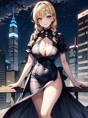 ((masterpiece)), ((frilled dress multiple colors)), (blonde hair), green eyes, twin braids, medium breasts, huge hips, (looking at viewer), silhouette,1 busty cute face light smile girl, pale skin, beauty_mark, mole, star (sky), cloud, cityscape, building, city, outdoors, skyscraper, city lights, night, night sky, sunset, skyline,