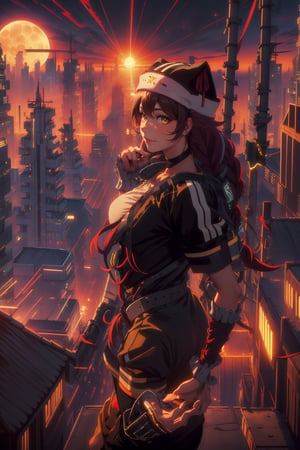 8k, ((best quality)), ((masterpiece)), high_res, anime, (upper body: 1.2), contrast lighting, concept art
1 girl, solo, red hair, sexy body,average breasts, model pose, on the roof, (orange shirt), (breeches: \black\), socks, (sneakers: \red\)
landscape, (city in sundown, sun and moon),perfect light,CyberpunkWorld,((lupusregina beta))