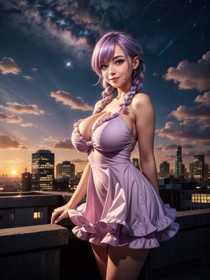 ((masterpiece)), ((red frilled dress)), (light purple hair), blue eyes, twin braids, huge breasts, big hips, (looking at viewer), silhouette,1 busty cute face light smile girl, star (sky), cloud, cityscape, building, city, outdoors, skyscraper, city lights, night, night sky, sunset, skyline,