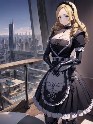 //Quality,
masterpiece, best quality, detailed
,//Character,
1girl, solo, solution epsilon \(overlord\), 1girl, blue eyes, drill hair, blonde hair, large breasts
,//Fashion,
maid, black dress, cleavage, elbow gloves, collar, frilled skirt, thighhighs, garter straps, armored boots
,//Background,
modern penthouse, pool, balcony, skyline
,//Others,
dark smile