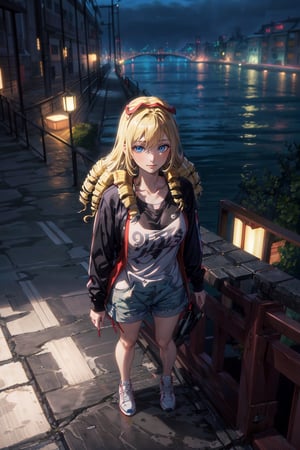 8k, ((best quality)), ((masterpiece)), high_res, realistic, (from above: 1.2), (full shot: 1.4), cowboy shot
1 girl, solo, mature, on the bridge, blonde hair, drill hair, black sport shirt, white shorties, sneakers, 
background, (river, night city),yofukashi background,solution epsilon, large breasts