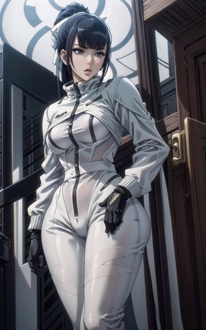 beautiful 1women,wearing a white leopard suit and a jacket on top,sexy,seducing,masterpiece, best quality, narberal gamma, black hair, ponytail,b1mb0