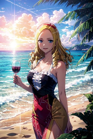 kawaii, illustration, (solution epsilon:1.4), (Blade Runner style:1.2), BREAK
In this digital illustration, solution epsilon dressed in a halter dress relishes a tropical beach holiday. Her vibrant emo style merges with her halter dress, as she relaxes with a wine glass under the sunlit sky, occasionally enjoying karaoke. The scene bursts with the lively colors of the beach and the shimmering sea, highlighted by the warm sunset. This unique mix of emo and tropical beach vibes conveys a carefree and joyful summer atmosphere, with the sunlight creating a sparkling effect on the sea and wine glass. The overall mood is cheerful and spirited, perfect for a fun summer day.,solution epsilon, large breasts, large hips. ,CLOUD