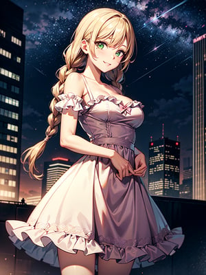 ((masterpiece)), ((pink frilled dress)), (blonde hair), green eyes, twin braids, medium breasts, big hips, (looking at viewer), silhouette,1 busty cute face light smile girl, pale skin, beauty_mark, mole, star (sky), cloud, cityscape, building, city, outdoors, skyscraper, city lights, night, night sky, sunset, skyline,