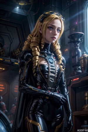 "A detailed painting of a alien Girl With drill hair dressed as a space ranger, exploring an extraterrestrial landscape adorned with vibrant, otherworldly flowers, Space ship Wreks. Science fiction wonderland, imaginative, space adventure.",More Detail,(solution epsilon)