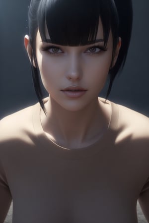(ultra realistic,32k, masterpiece:1.2),(high detailed skin:1.1),( 8k uhd, dslr, high quality:1.1), 1girl, black hair, ponytail and bangs,(white tight long top, long sleeves:1.1),, , , (red lips:0.8), (mascara:1.1),(huge breast:0.9), (looking at viewer, Bend forward:1.1) ,(ambient lighting:1.1),blank background,narberal gamma