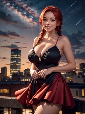 ((masterpiece)), ((red frilled dress)), (red hair), blue eyes, twin braids, huge breasts, big hips, (looking at viewer), silhouette,1 busty cute face light smile girl, star (sky), cloud, cityscape, building, city, outdoors, skyscraper, city lights, night, night sky, sunset, skyline,