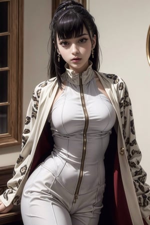 beautiful 1women,wearing a white leopard suit and a jacket on top,sexy,seducing,masterpiece, best quality, narberal gamma