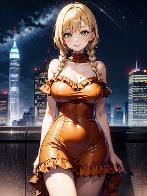((masterpiece)), ((orange frilled dress)), (blonde hair), green eyes, twin braids, medium breasts, huge hips, (looking at viewer), silhouette,1 busty cute face light smile girl, pale skin, beauty_mark, mole, star (sky), cloud, cityscape, building, city, outdoors, skyscraper, city lights, night, night sky, sunset, skyline,