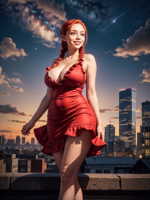 ((masterpiece)), ((red frilled dress)), (red hair), green eyes, twin braids, huge breasts, big hips, (looking at viewer), silhouette,1 busty cute face light smile girl, pale skin, freckles, star (sky), cloud, cityscape, building, city, outdoors, skyscraper, city lights, night, night sky, sunset, skyline,