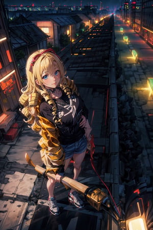 8k, ((best quality)), ((masterpiece)), high_res, realistic, (from above: 1.2), (full shot: 1.4), cowboy shot
1 girl, solo, mature, on the bridge, blonde hair, drill hair, black sport shirt, white shorties, sneakers, 
background, (river, night city),yofukashi background,solution epsilon, large breasts