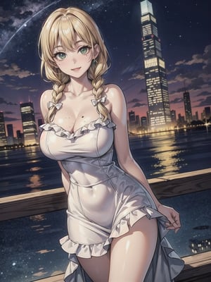 ((masterpiece)), ((orange frilled dress)), (blonde hair), green eyes, twin braids, medium breasts, huge hips, (looking at viewer), silhouette,1 busty cute face light smile girl, pale skin, beauty_mark, mole, star (sky), cloud, cityscape, building, city, outdoors, skyscraper, city lights, night, night sky, sunset, skyline,