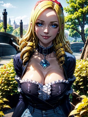 (solution epsilon), (masterpiece:1.3), (frilled shirt),(high waist denim shorts), 1girl, solo, eye focus, (1girl), (solo), cowboy_shot, beautiful detailed eyes, symmetric eyes, (blue eyes), expressive eyes, pretty eyelashes, glossy eyes, (blonde hair), (drill hair), short hair, 1girl, evil smile , looking_at_viewer, (large breasts), cleavage, gloves, (park), scenery, trees,1 girl,realhands,more detail