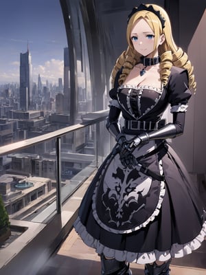 //Quality,
masterpiece, best quality, detailed
,//Character,
1girl, solo, solution epsilon \(overlord\), 1girl, blue eyes, drill hair, blonde hair, breats
,//Fashion,
maid, black dress, cleavage, elbow gloves, collar, frilled skirt, thighhighs, garter straps, armored boots
,//Background,
modern penthouse, pool, balcony, skyline
,//Others,
dark smile