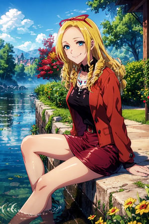 masterpiece,best quality,1girl,mature female,solution epsilon,blue eyes,black sweater,cross necklace,high collar dress,red jacket,pencil skirt,red skirt,sitting,smile,outdoors,riverbank,wind,water drop,