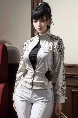 beautiful 1women,wearing a white leopard suit and a jacket on top,sexy,seducing,masterpiece, best quality, narberal gamma, large hips