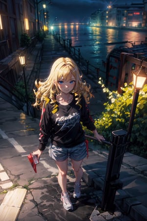 8k, ((best quality)), ((masterpiece)), high_res, realistic, (from above: 1.2), (full shot: 1.4), cowboy shot
1 girl, solo, mature, on the bridge, blonde hair, black sport shirt, white shorties, sneakers, 
background, (river, night city),yofukashi background,solution epsilon