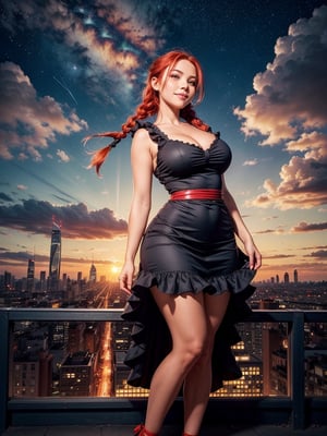 ((masterpiece)), ((red frilled dress)), (red hair), blue eyes, twin braids, huge breasts, big hips, (looking at viewer), silhouette,1 busty cute face light smile girl, star (sky), cloud, cityscape, building, city, outdoors, skyscraper, city lights, night, night sky, sunset, skyline,