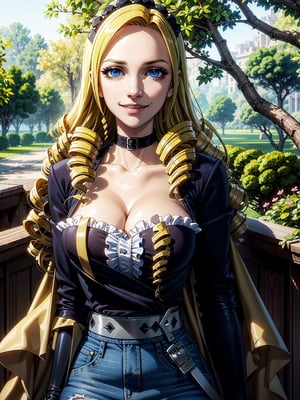 (solution epsilon), (masterpiece:1.3), (houndstooth shirt),(high waist denim skirt), 1girl, solo, eye focus, (1girl), (solo), cowboy_shot, beautiful detailed eyes, symmetric eyes, (blue eyes), expressive eyes, pretty eyelashes, glossy eyes, (blonde hair), (drill hair), short hair, 1girl, evil smile , looking_at_viewer, (large breasts), cleavage, gloves, (park), scenery, trees,1 girl,realhands,more detail