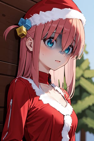 1girl, perfect,light,front view,front facing, best quality, aesthetics, detailed, alone, gotou1, gotou hitori, solo,  bangs, hair between eyes, long sleeves, medium breasts, shaded face, 1 girl,High detailed,,Santa hat,short hair,santa costume,sntdrs,1girl,gotou1
