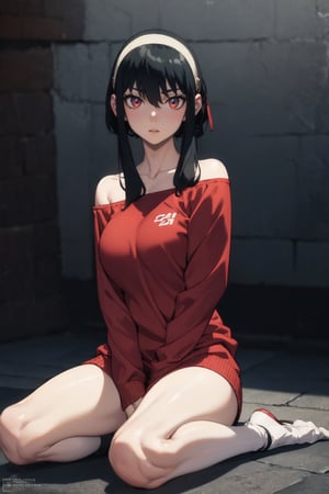 Highly detailed, High Quality, Masterpiece, beautiful, full body,yor, 1girl, solo, off-shoulder sweater,red eyes, red sweater, collarbone, no background, black hair, red eyes, black hair, black hair, short hair, short hair with long locks, bangs, sideburns, white headband,,BREAK looking at viewer,BREAK outdoors,BREAK,BREAK outdoors, track and field,BREAK looking at viewer, BREAK , (masterpiece:1.2), best quality, high resolution, unity 8k wallpaper, (illustration:0.8), (beautiful detailed eyes:1.6), extremely detailed face, perfect lighting, extremely detailed CG, (perfect hands, perfect anatomy), vape,High detailed ,anime, yorforger,yor briar