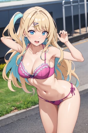 1girl, perfect,light,front view, front facing, ShirakawaRuna, 1girl, blonde hair, multicolored hair, bangs, one side up, long hair, blue eyes, hairclip, jewelry, earrings, medium breasts, gyaru,1 girl,High detailed,xy pose, full view, cleavage, navel, thighs, from below, close up, ,lingerie,ShirakawaRuna, 1girl