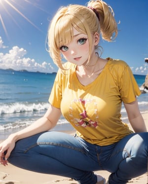 Cute girl wearing a t shirt and jeans,beach ,sunlight,blonde hair,ponytail,bending,sexy pose