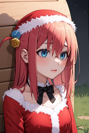 1girl, perfect,light,front view,front facing, best quality, aesthetics, detailed, alone, gotou1, gotou hitori, solo,  bangs, hair between eyes, long sleeves, medium breasts, (shaded face:0.4) , 1 girl,High detailed,,Santa hat,short hair,santa costume,sntdrs,1girl,gotou1