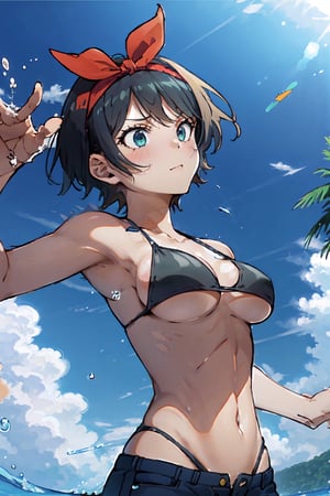 1girl, perfect,light,front view,front facing, 1girl, black hair, hairband, short hair, solo, hairband, blue eyes,ruka,  1 girl,High detailed,,short hair,,, 1girl,medium breasts, sarashina ruka, black hair, breasts, boobs,REIOVABIKINI, bikini, beach, 